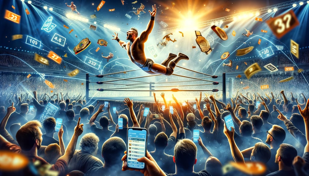 Wrestler in action with betting odds and crowd.