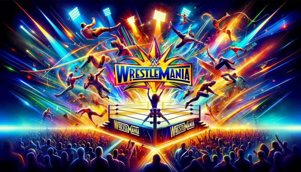 WrestleMania vibrant ring with crowd and spotlights.