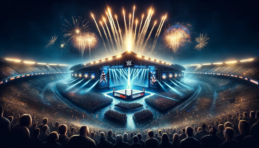 WWE WrestleMania stadium under night sky with fireworks.