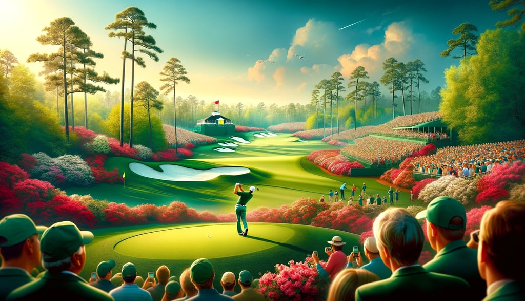 Golfer aiming on a vibrant Augusta course.