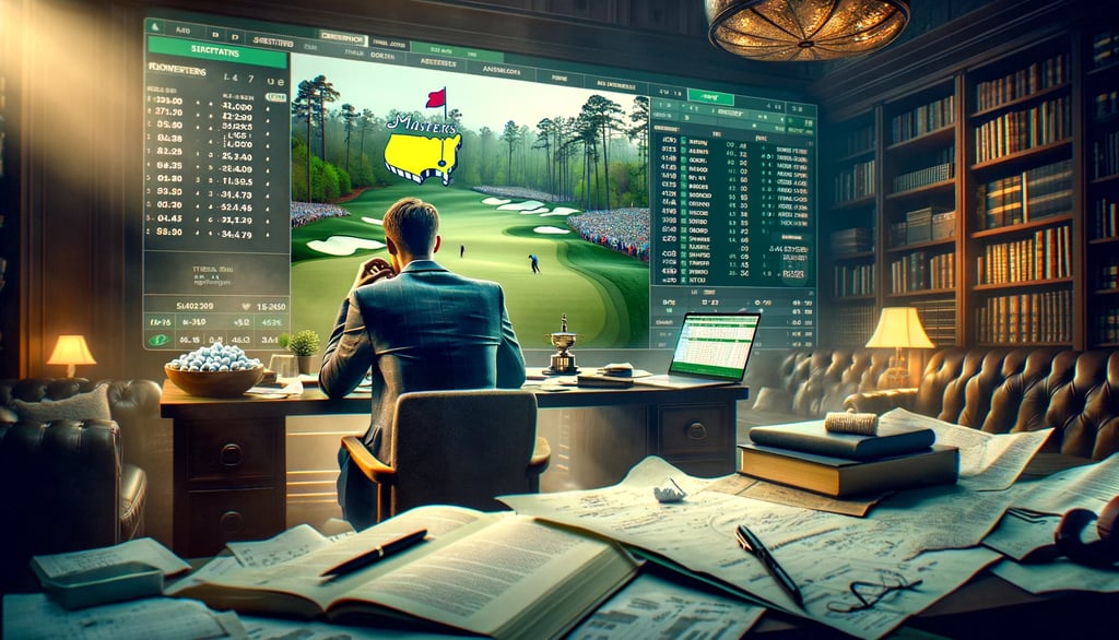Analyzing Masters 2024 bets in a study with screens.