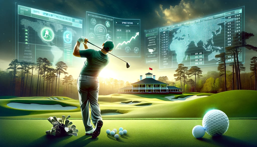 Golfer swings at Augusta with betting odds in sky.