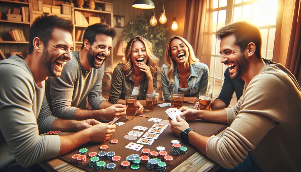 Friends laugh over a card game, enjoying a cozy game night.