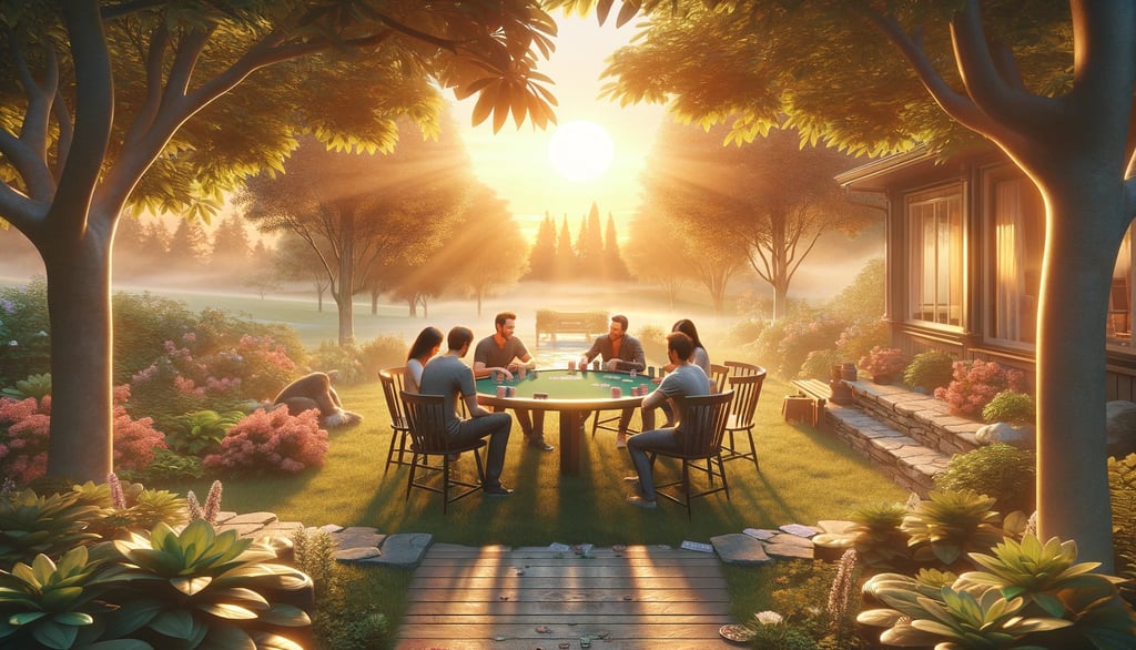 Friends play poker at sunset in a serene outdoor setting.