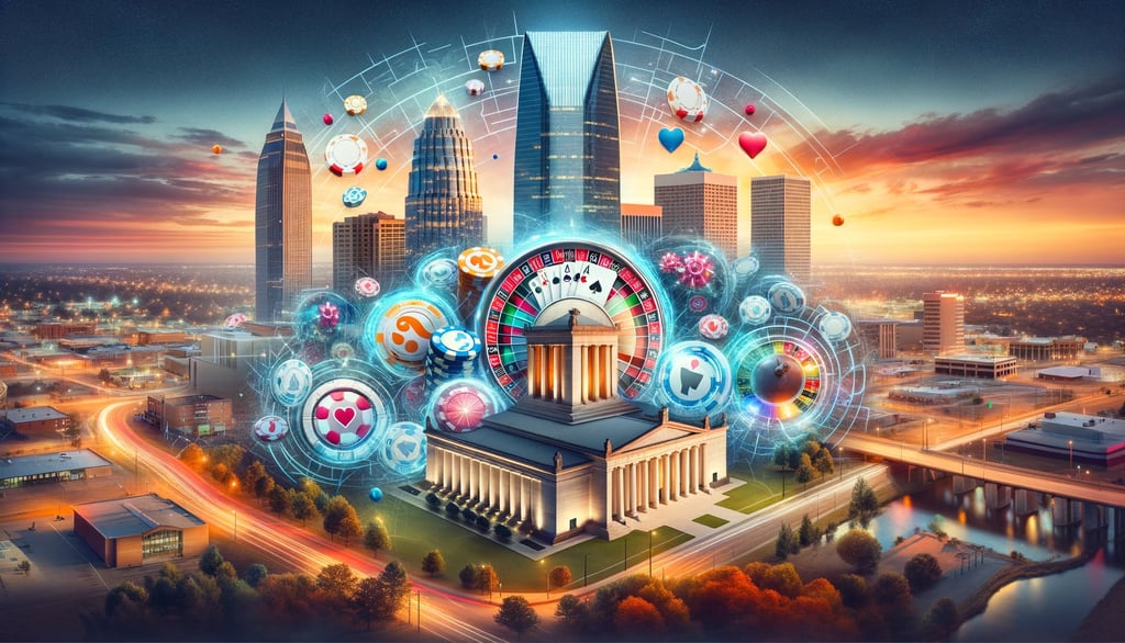 Iconic Oklahoma landmarks with symbols of online gambling, depicting the state's unique position
