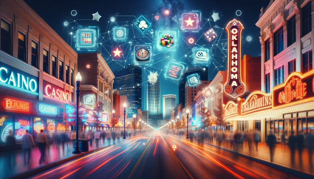 Vibrant street scene in Oklahoma City at night, beautifully integrating elements of online gambling.