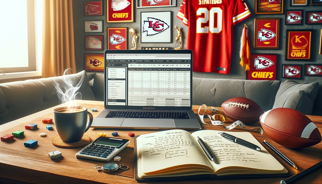 Desk with betting strategy, Chiefs memorabilia