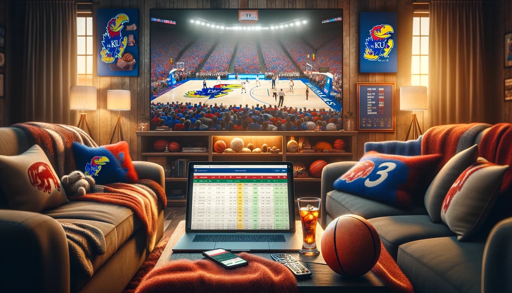Betting guide on laptop with Jayhawks game on TV