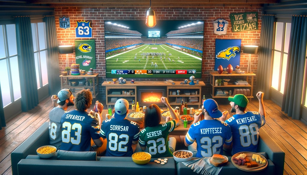 group of friends in Kansas watching a Thursday Night Football game together.