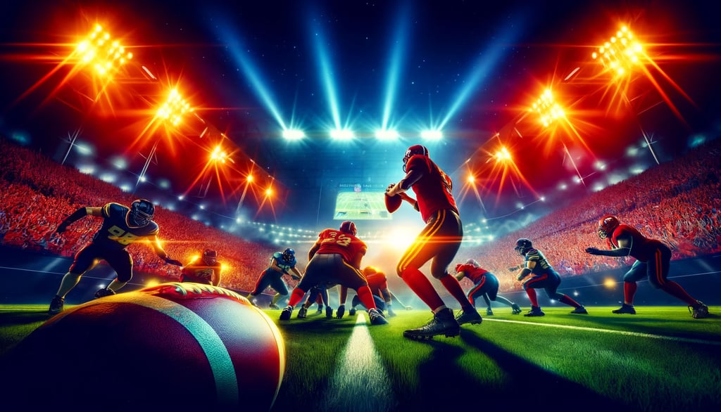 NFL game moment with quarterback throwing under stadium lights.