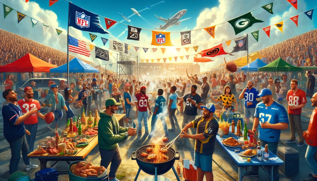 NFL tailgate party with fans grilling and celebrating.
