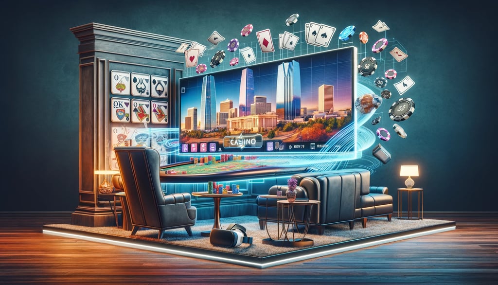 Modern online casino interface on a screen with Oklahoma City skyline backdrop.