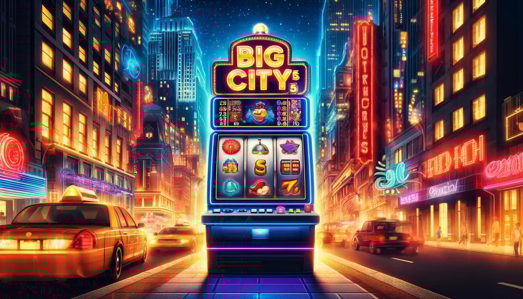 Neon-lit Big City 5's slot game in a vibrant urban night scene