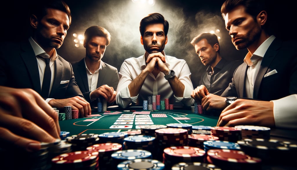 Professional poker table during a high-stakes game, emphasizing the intense concentration