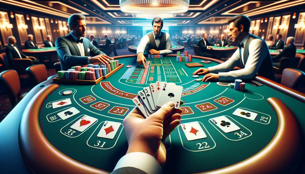 View of a blackjack table capturing a critical decision-making moment, showcasing players