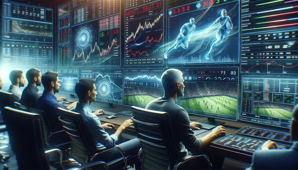 Sports betting where a group of people analyze data and strategies on multiple screens