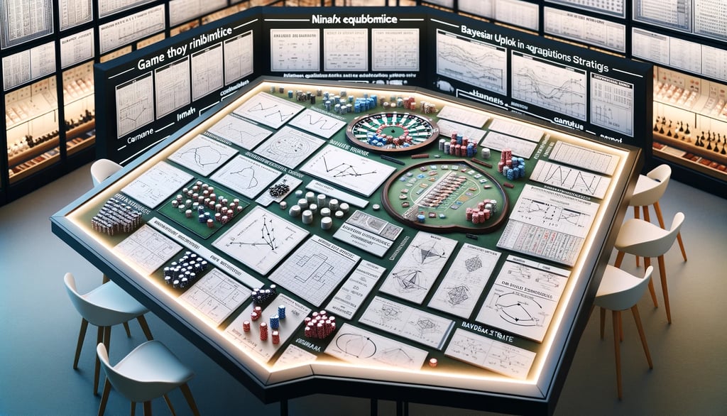 Various game theory models and strategies used in gambling, featuring diagrams and charts of concept
