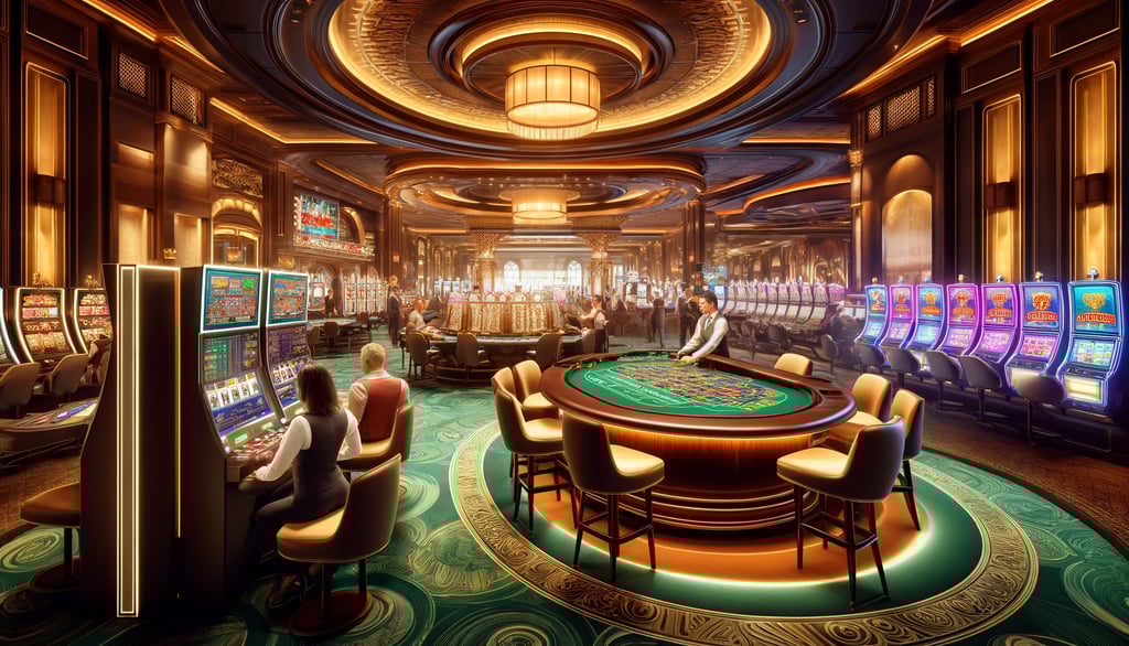Casino floor with slots, roulette, and card games.