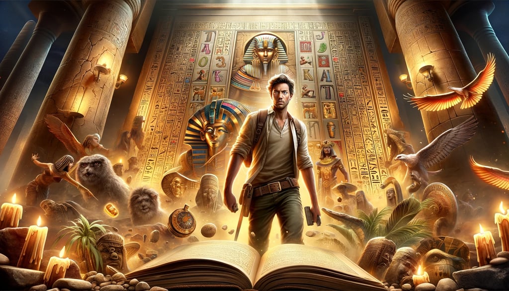 Rich Wilde in Egyptian setting with hieroglyphs and gods for Book of Dead online slot game.