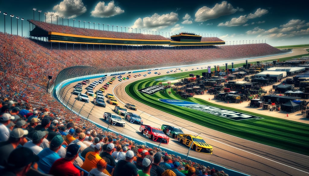 NASCAR cars racing at Kansas Speedway in daylight