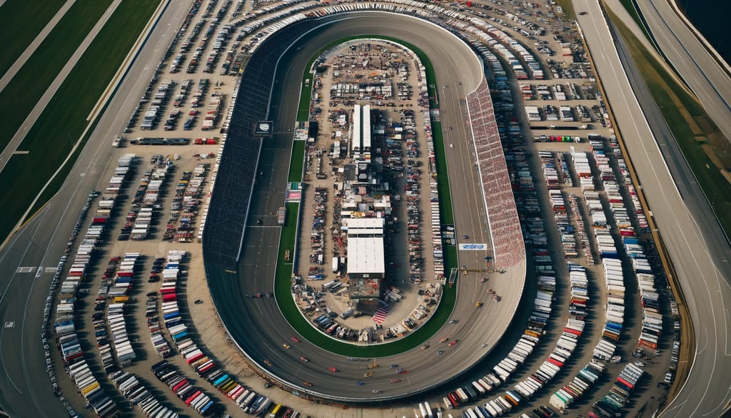 Overhead view of Kansas Speedway packed with fans and cars.