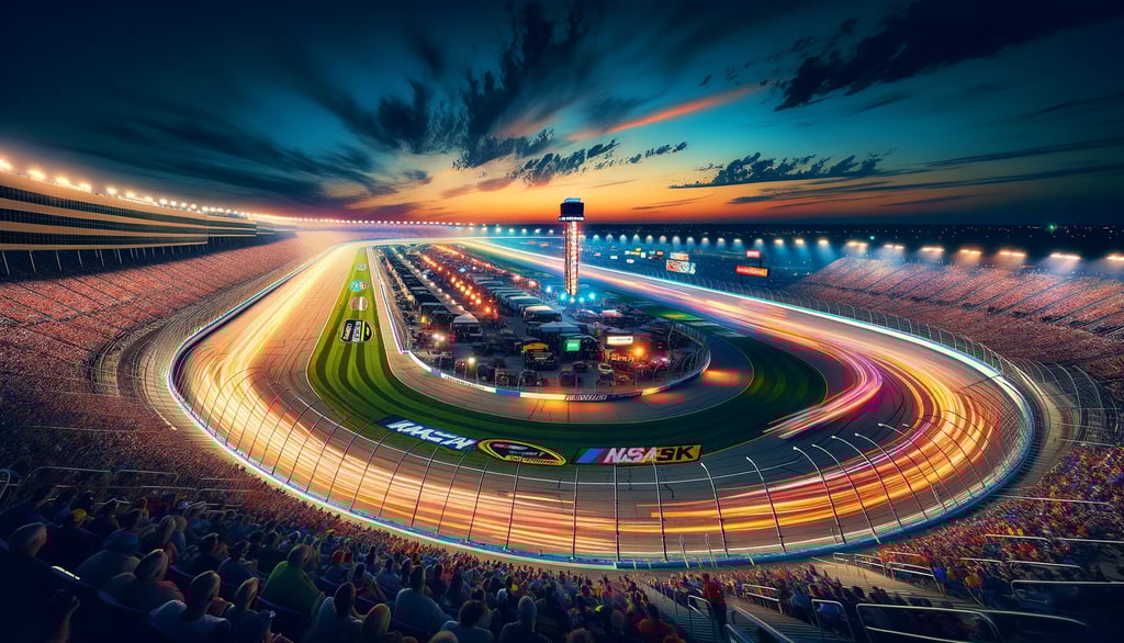 Nighttime NASCAR race at Kansas Speedway with glowing lights.