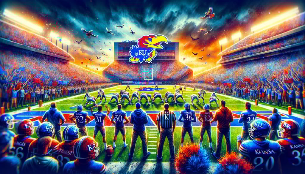 Dynamic scene at a Kansas Jayhawks football game during the 2024 NCAA Division I FBS football season