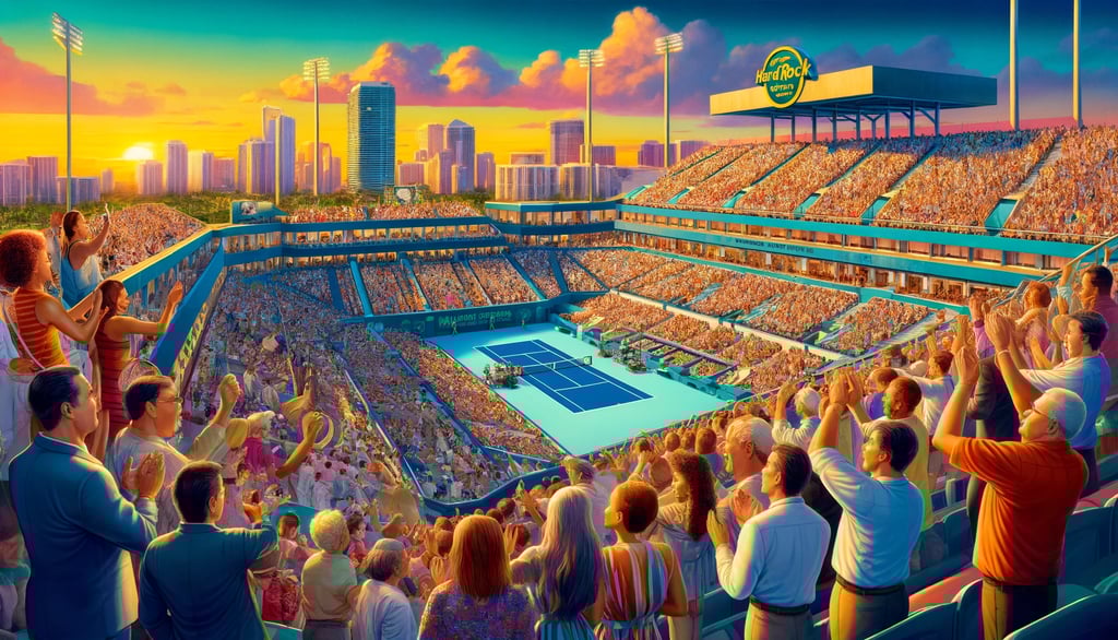 Diverse crowd enjoying a tennis match at Miami Open 2025, Hard Rock Stadium.