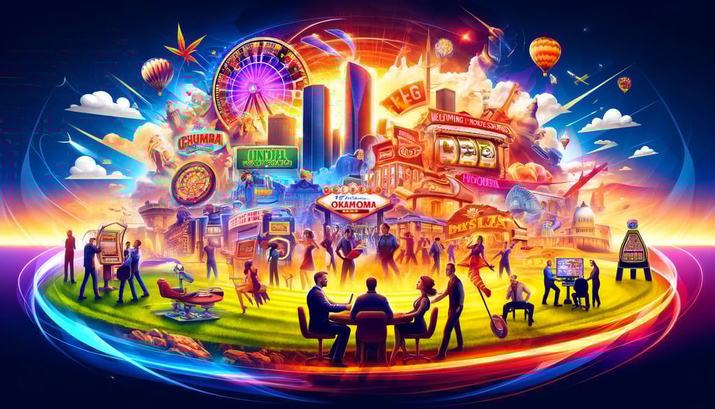  Illustration of diverse gamers in a casino setting with Oklahoma landmarks in the background.
