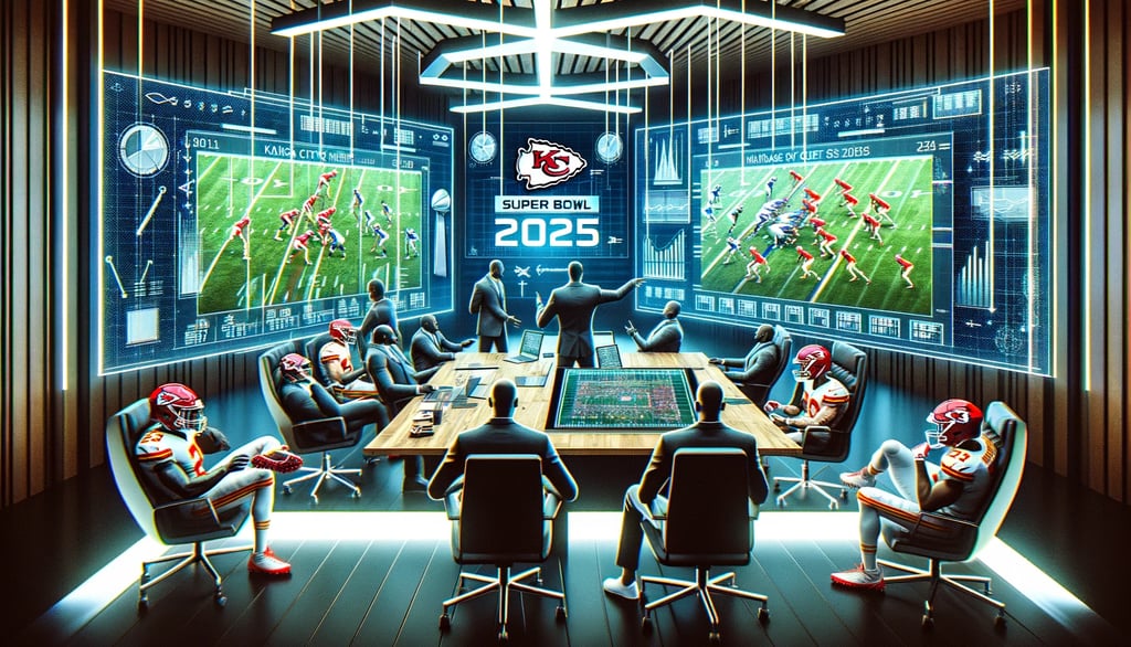 Kansas City Chiefs in high-tech room planning for Super Bowl 2025.
