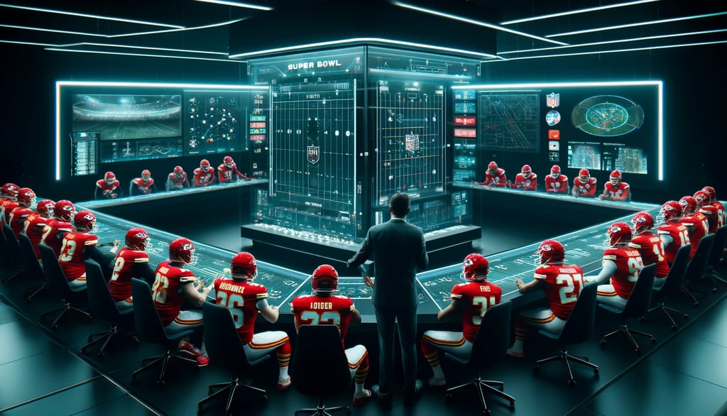 Chiefs strategize in futuristic setup for Super Bowl 2025.