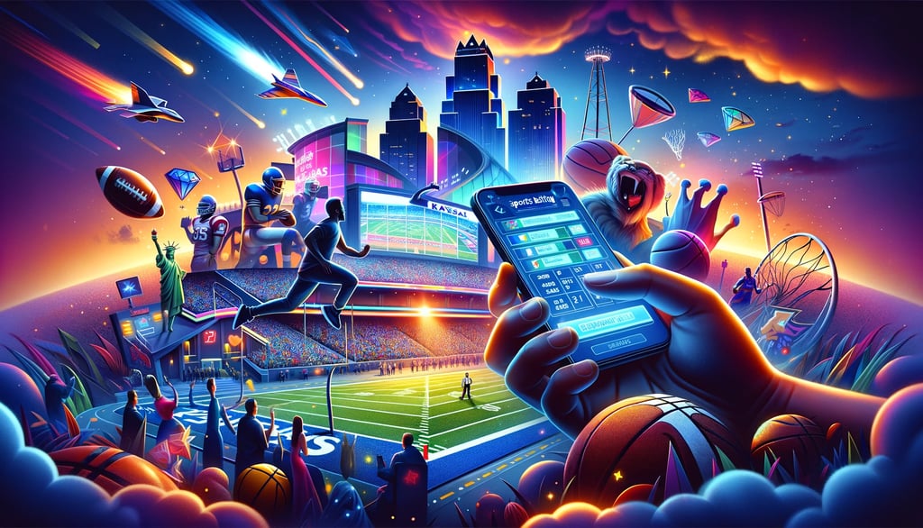 Dynamic sports betting scene in Kansas with football and basketball action.