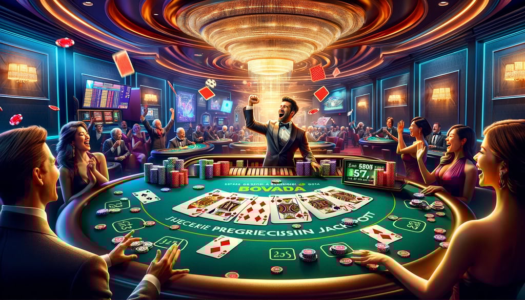 A dramatic moment at a Bovada blackjack table, where a player wins a huge jackpot. 