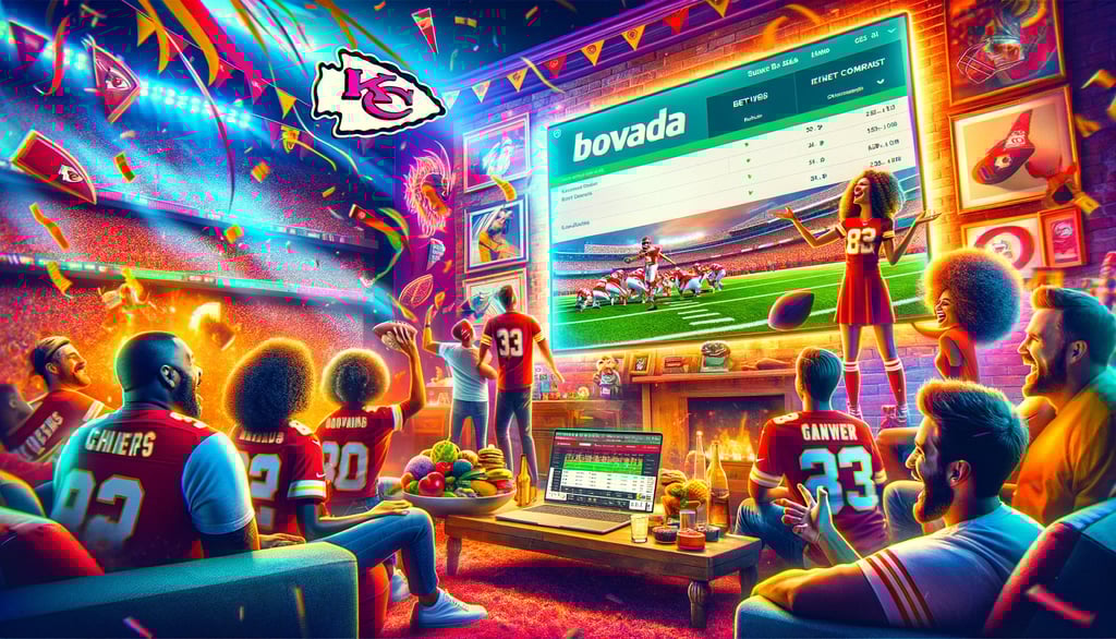 Diverse group of KC Chiefs fans discussing bets on Bovada during a game.