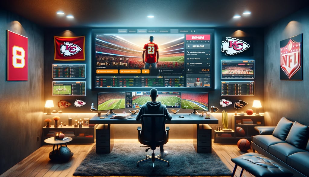 Modern home betting setup with multiple screens and KC Chiefs memorabilia.