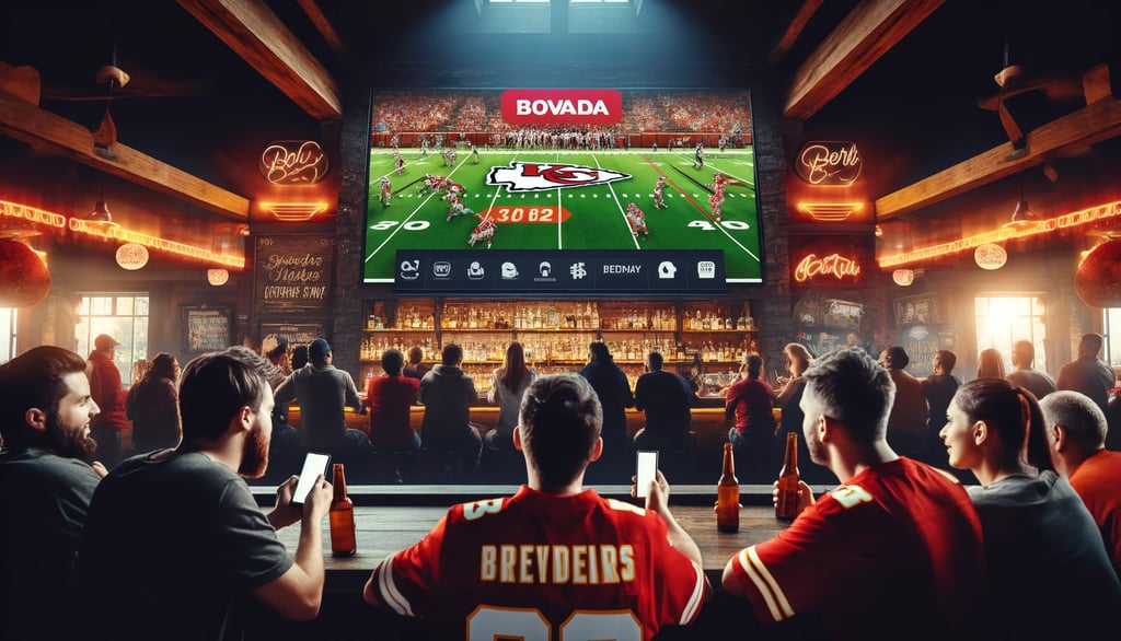 Fans in a sports bar enjoy a KC Chiefs game, betting on Bovada.