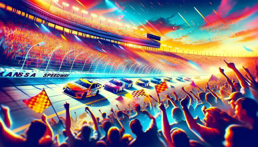 Exciting NASCAR race at Kansas Speedway with fans cheering in the stands.