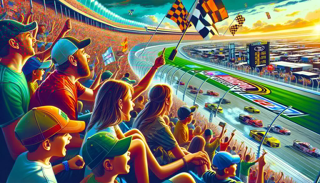 Family cheers at a NASCAR race, surrounded by fans and racing flags.