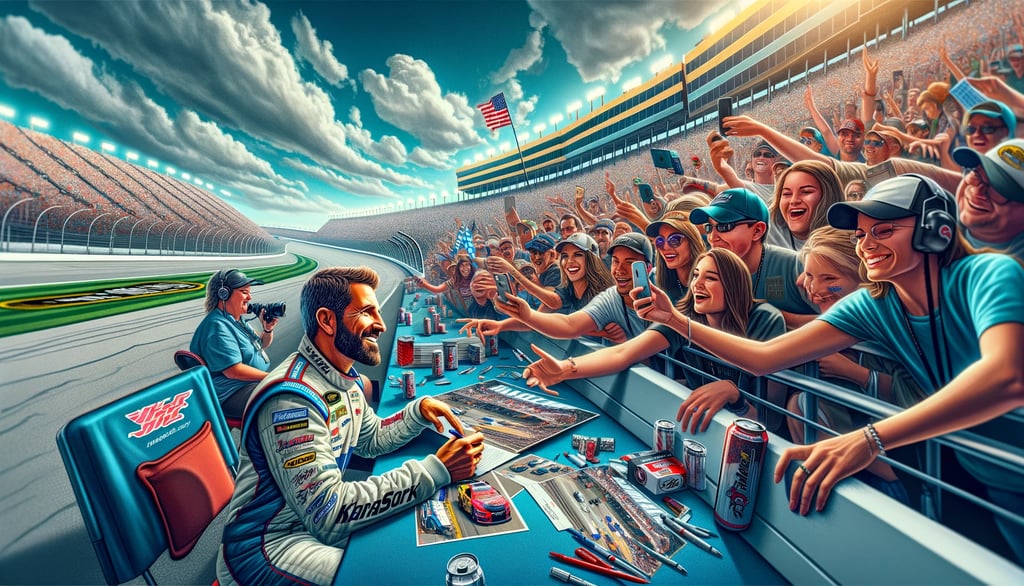 Celebrity engaging with fans at a NASCAR event, signing autographs and taking selfies.