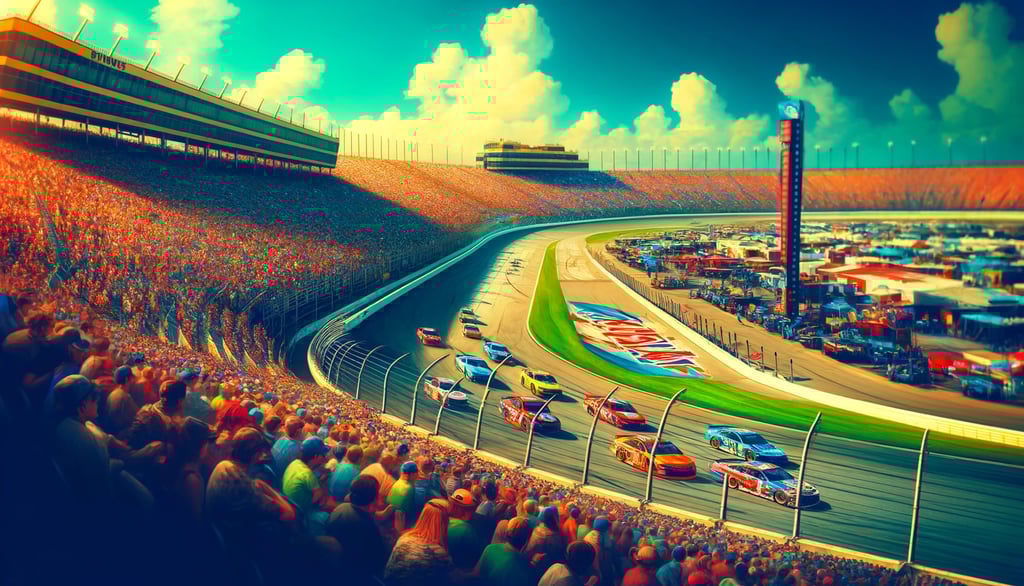 NASCAR race in action at Kansas Speedway, with cars speeding and crowds cheering.
