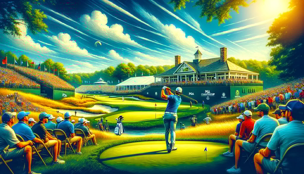 Golfer in mid-swing at PGA Championship at Valhalla, with spectators watching eagerly.