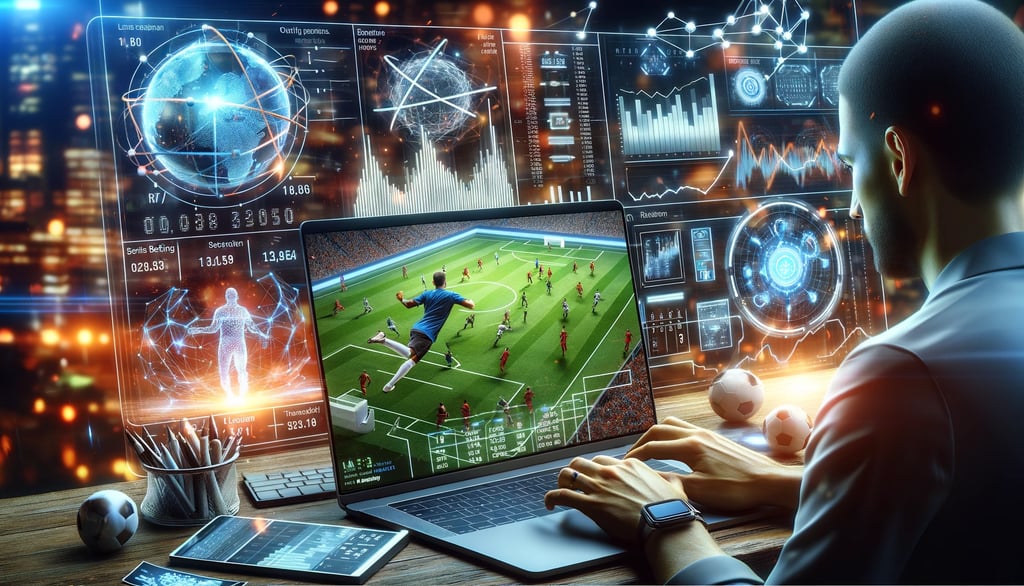 AI in sports betting, with real-time data and betting predictions on a laptop during football match