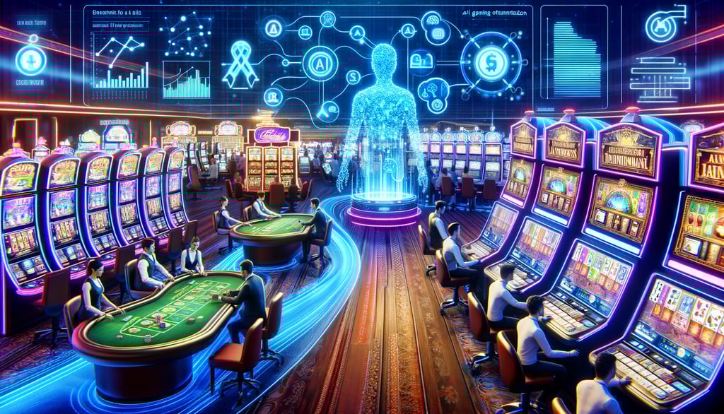 Casino floor with AI-enhanced slot machines and table games, featuring holographic displays and data