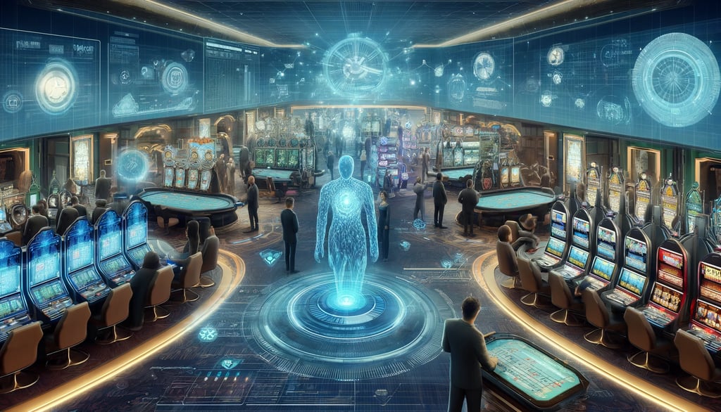 Futuristic casino with AI-powered betting assistants and blockchain technology