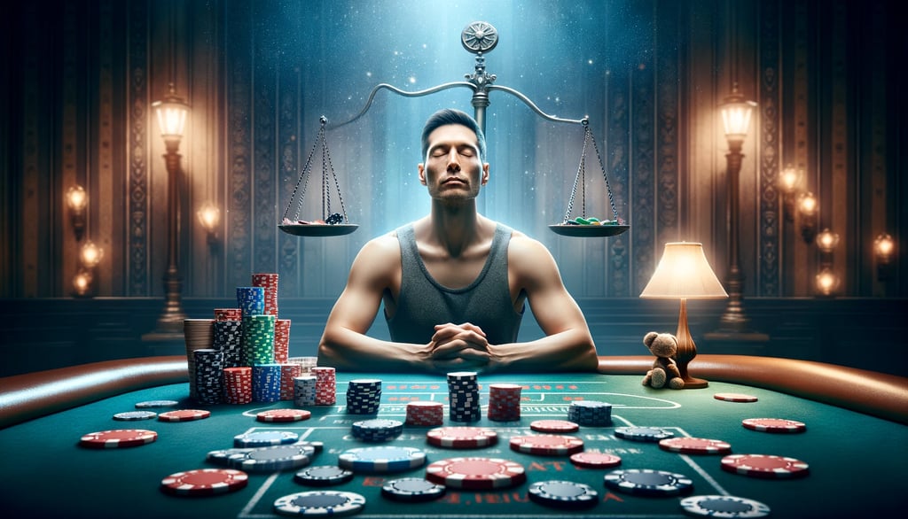 Person practicing mindful breathing at a casino table, surrounded by chips and cards.