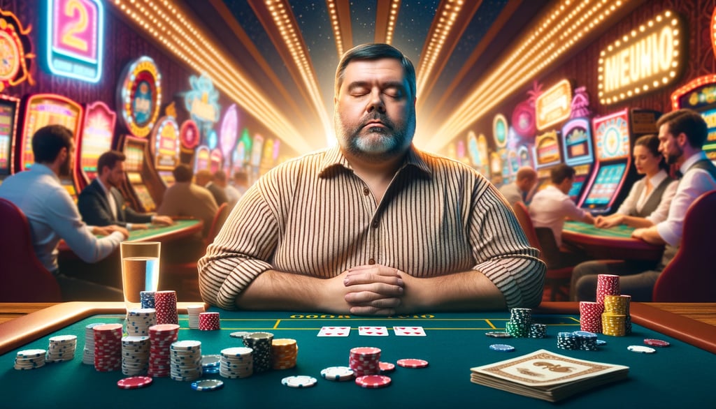 Middle-aged man with a larger body practicing mindful breathing at a casino table.