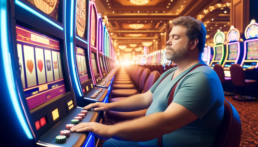 Middle-aged man practicing mindfulness at a slot machine in a calm casino setting.