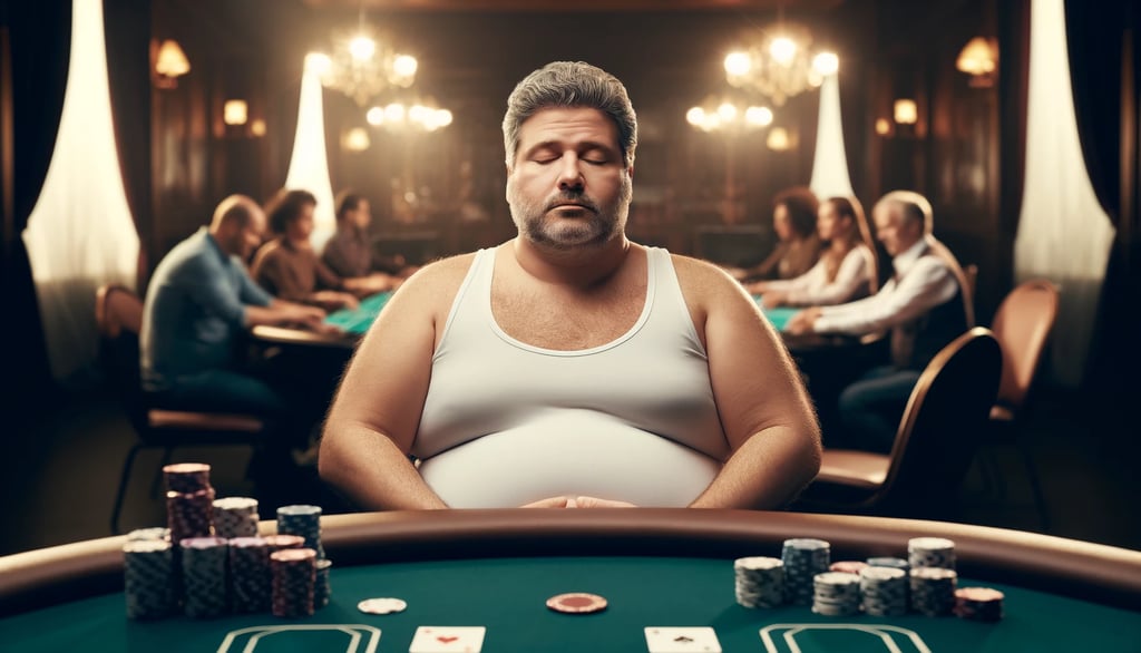Middle-aged man practicing mindful breathing at a casino table, calm and focused.