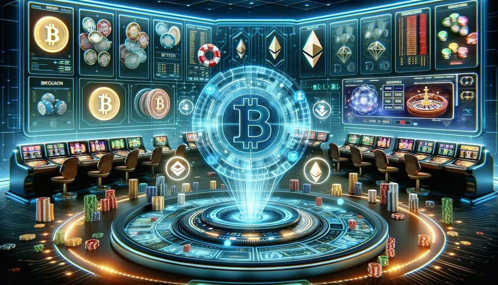 Futuristic casino environment with holographic displays, Bitcoin, Ethereum, and blockchain network.