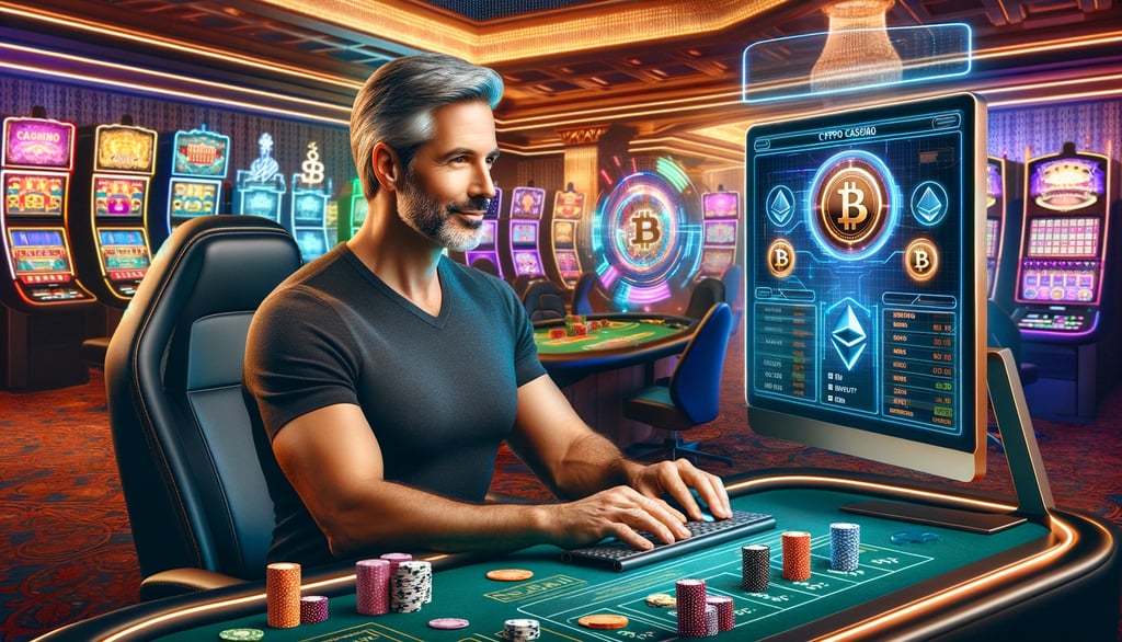 Middle-aged, average-looking man playing in a modern crypto casino with Bitcoin